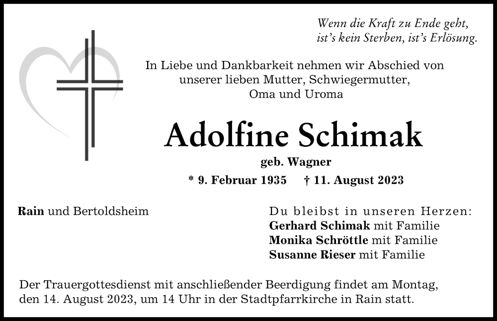 Traueranzeige von Adolfine Schimak von Donauwörther Zeitung