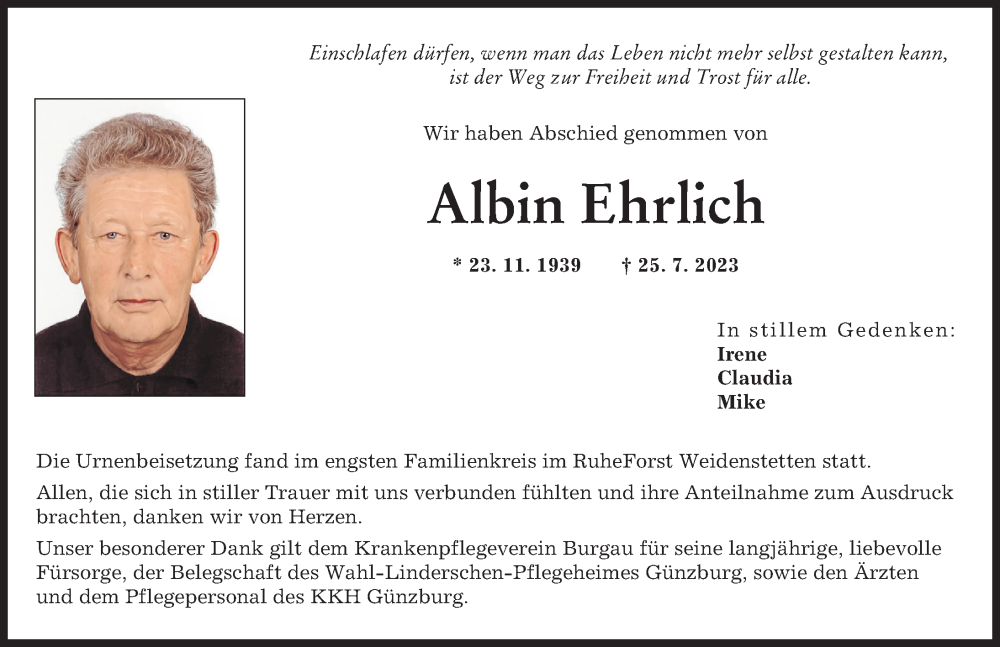 Traueranzeige von Albin Ehrlich von Günzburger Zeitung