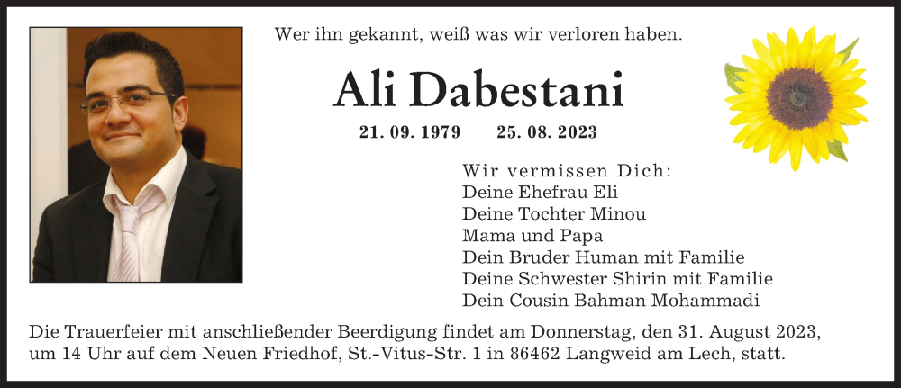  Traueranzeige für Ali Dabestani vom 29.08.2023 aus Augsburger Allgemeine