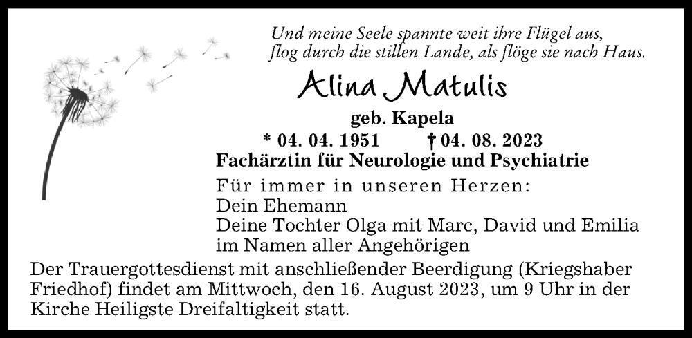  Traueranzeige für Alina Matulis vom 12.08.2023 aus Augsburger Allgemeine