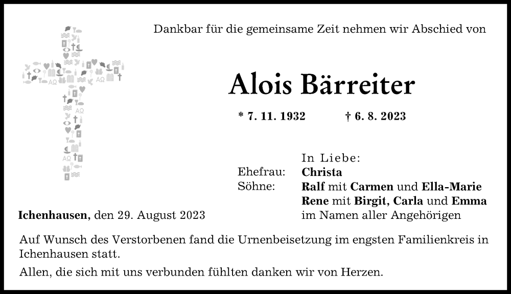 Traueranzeige von Alois Bärreiter von Günzburger Zeitung