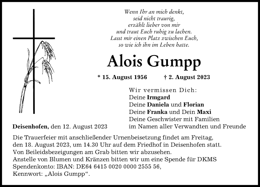 Traueranzeige von Alois Gumpp von Donau Zeitung