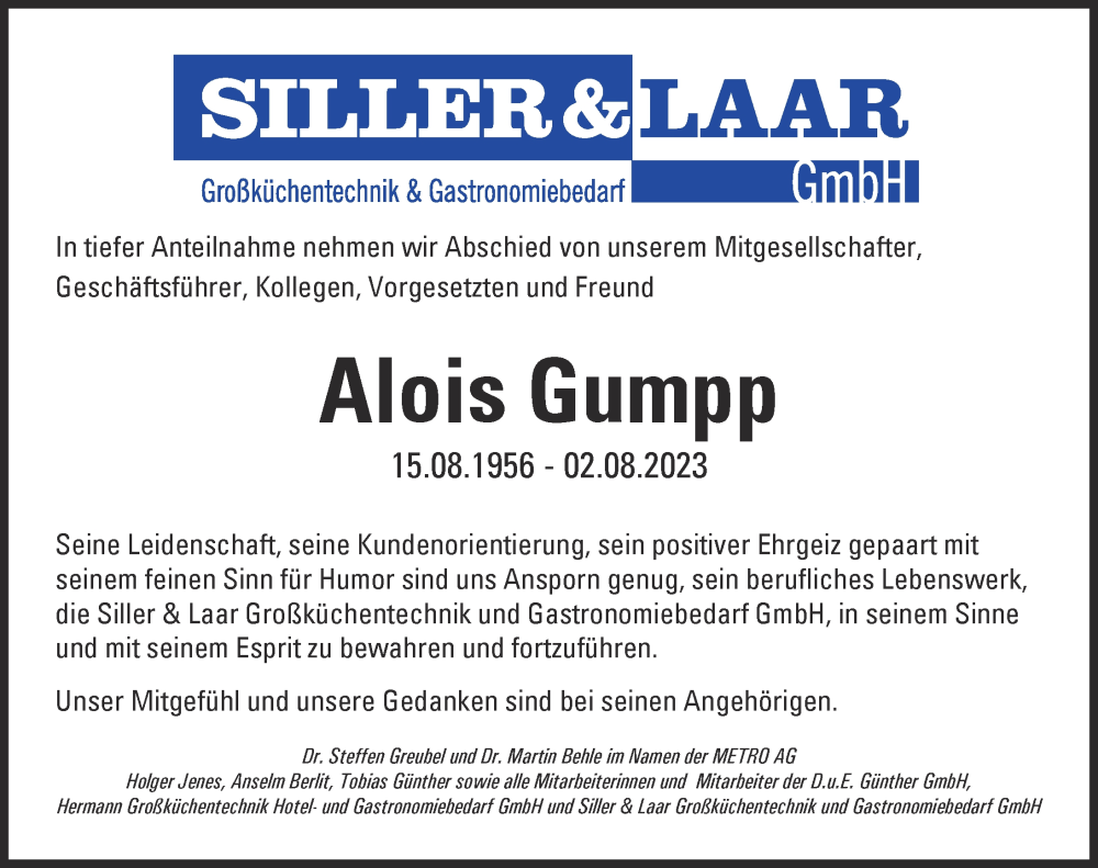  Traueranzeige für Alois Gumpp vom 12.08.2023 aus Donau Zeitung, Landsberger Tagblatt, Donauwörther Zeitung, Augsburger Allgemeine