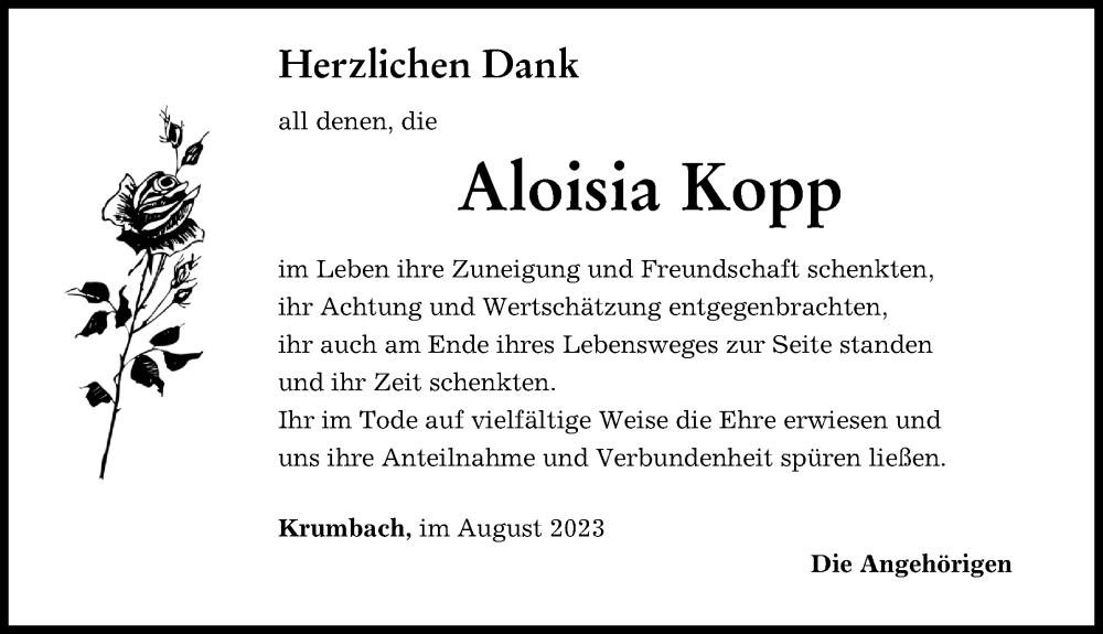 Traueranzeige von Aloisia Kopp von Mittelschwäbische Nachrichten