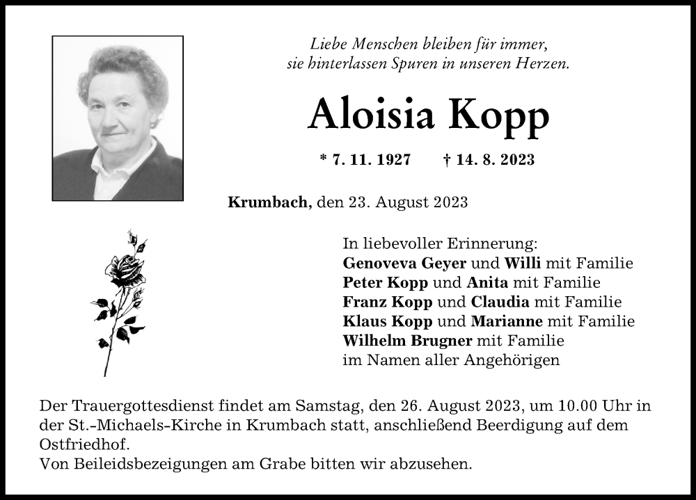 Traueranzeige von Aloisia Kopp von Mittelschwäbische Nachrichten