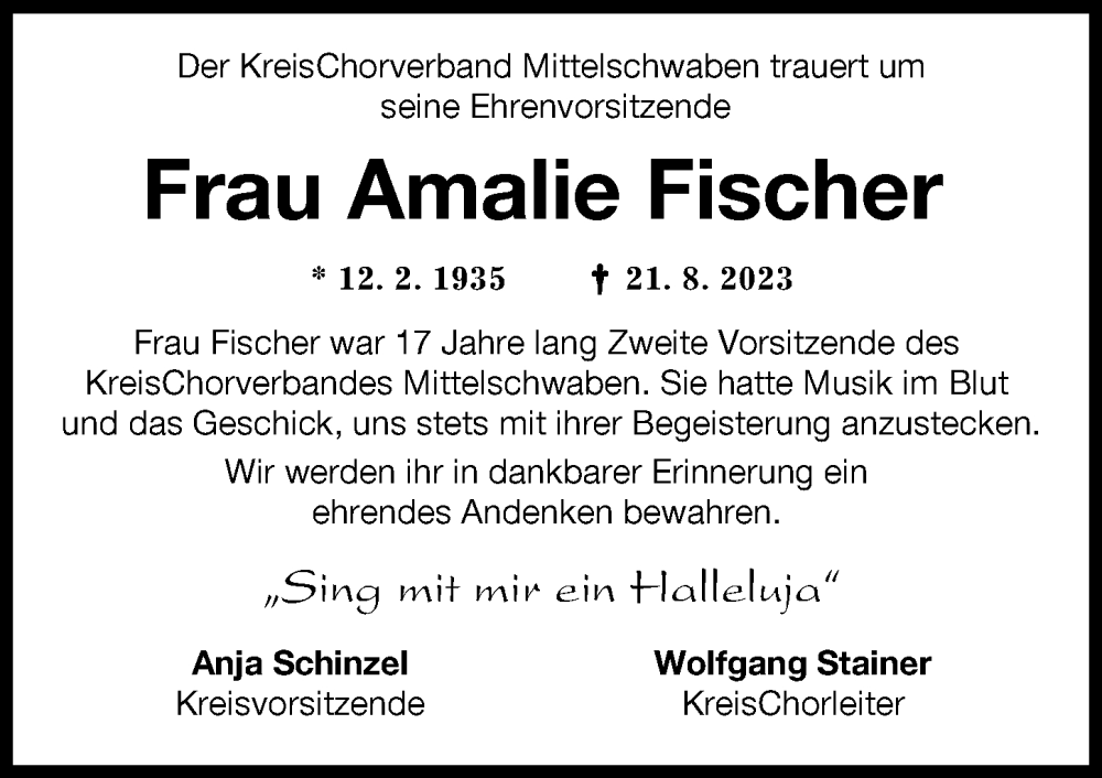 Traueranzeige von Amalie Fischer von Mittelschwäbische Nachrichten, Günzburger Zeitung