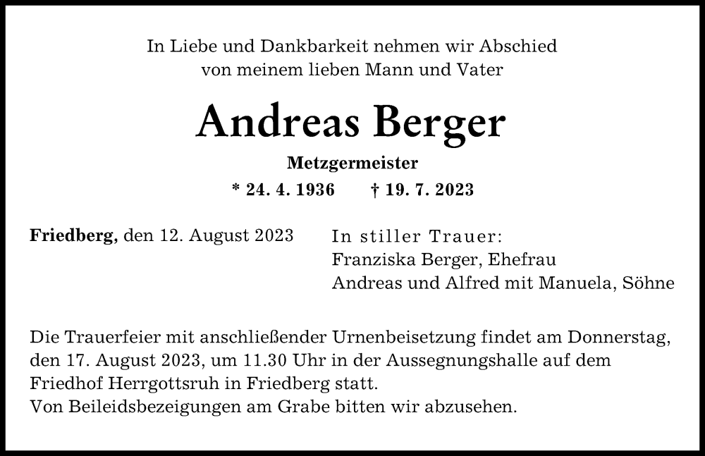 Traueranzeige von Andreas Berger von Augsburger Allgemeine