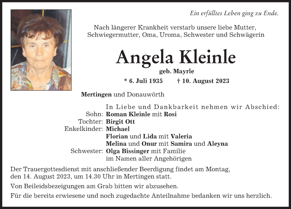 Traueranzeige von Angela Kleinle von Donauwörther Zeitung