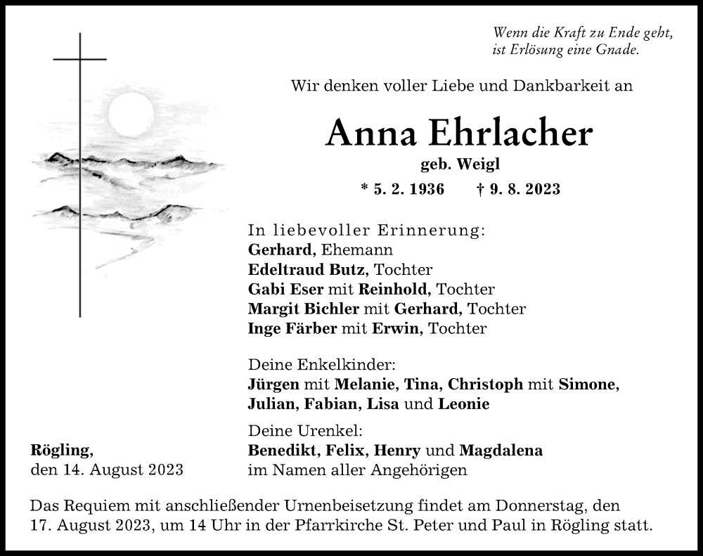 Traueranzeige von Anna Ehrlacher von Donauwörther Zeitung