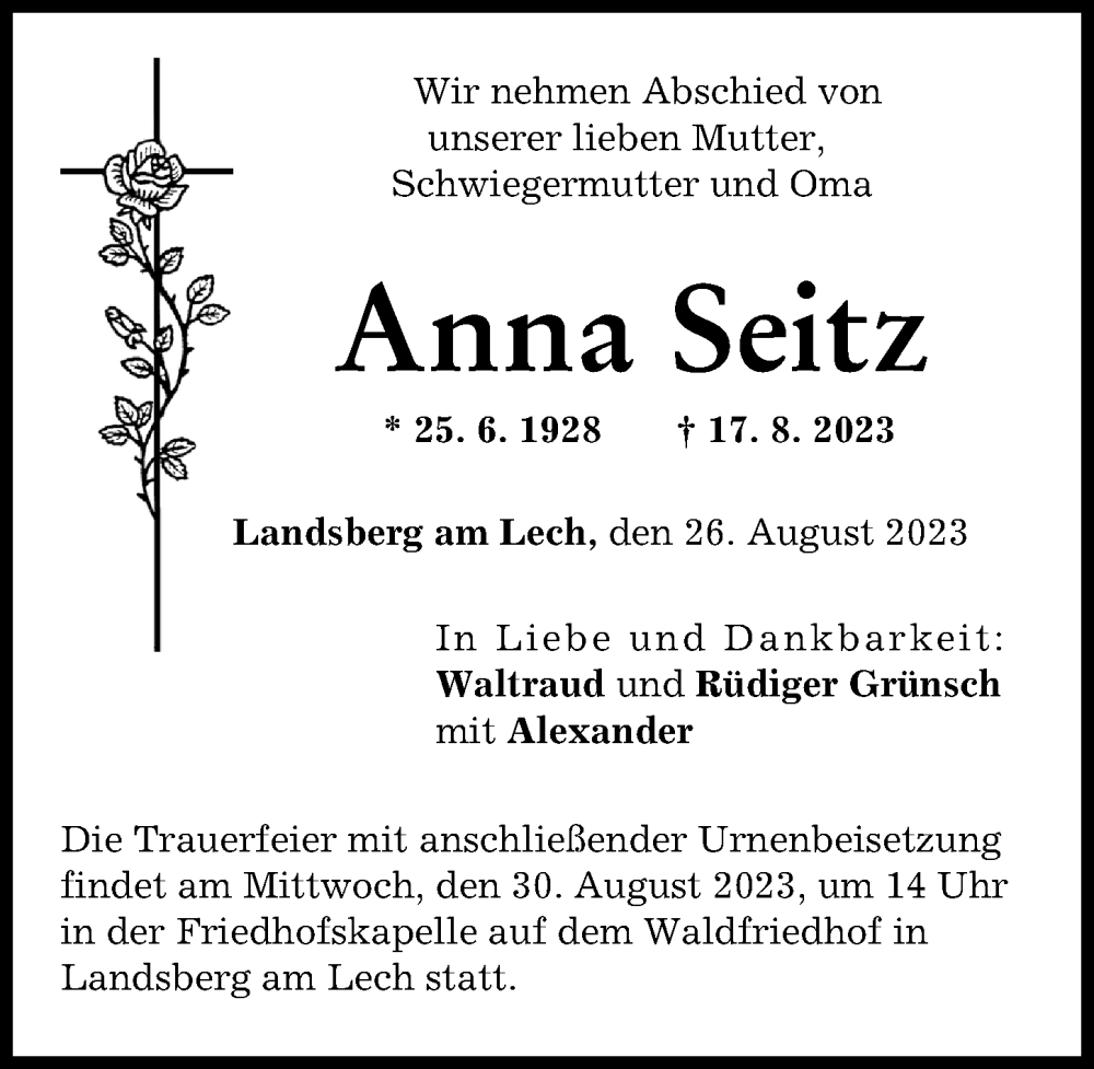 Traueranzeige von Anna Seitz von Landsberger Tagblatt