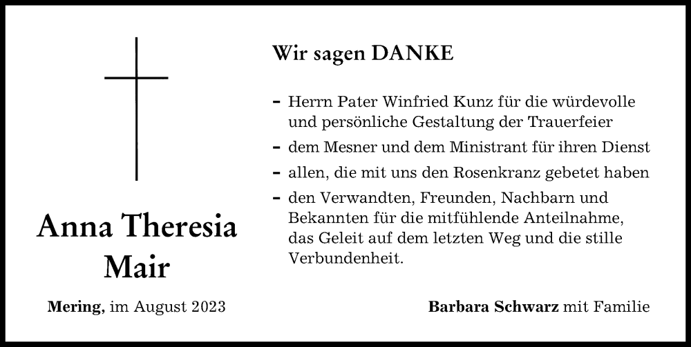 Traueranzeige von Anna Theresia Mair von Friedberger Allgemeine