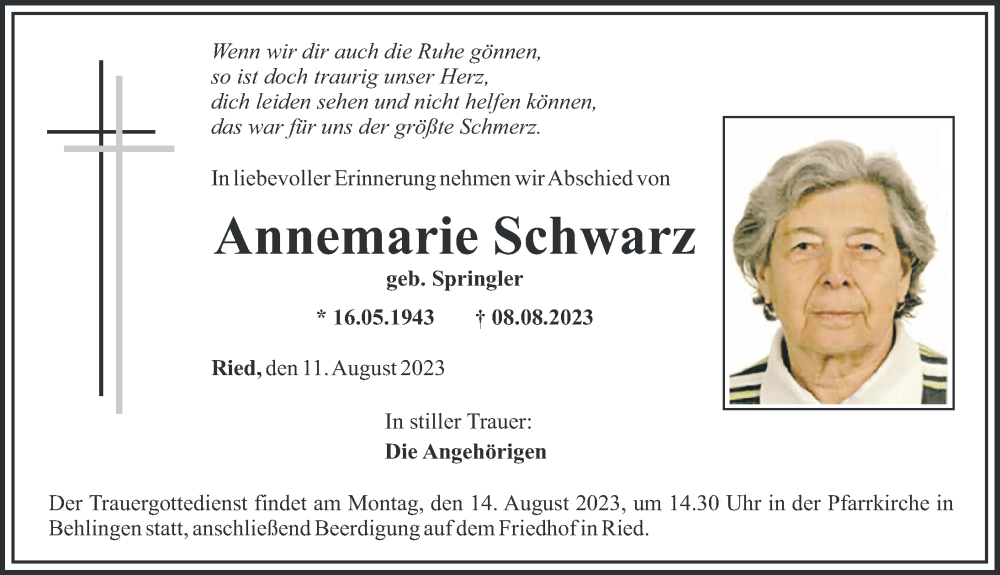 Traueranzeige von Annemarie Schwarz von Mittelschwäbische Nachrichten, Günzburger Zeitung