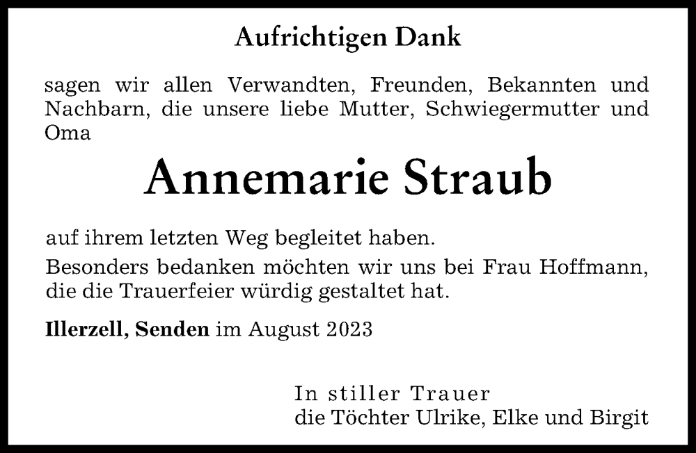 Traueranzeige von Annemarie Straub von Illertisser Zeitung, Neu-Ulmer Zeitung