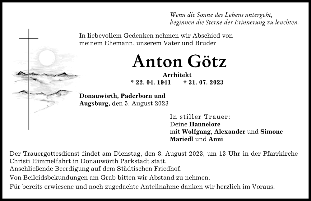 Traueranzeige von Anton Götz von Donauwörther Zeitung