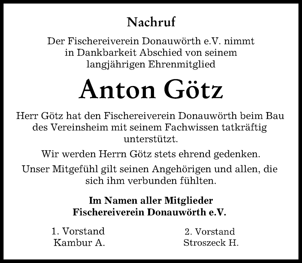 Traueranzeige von Anton Götz von Donauwörther Zeitung