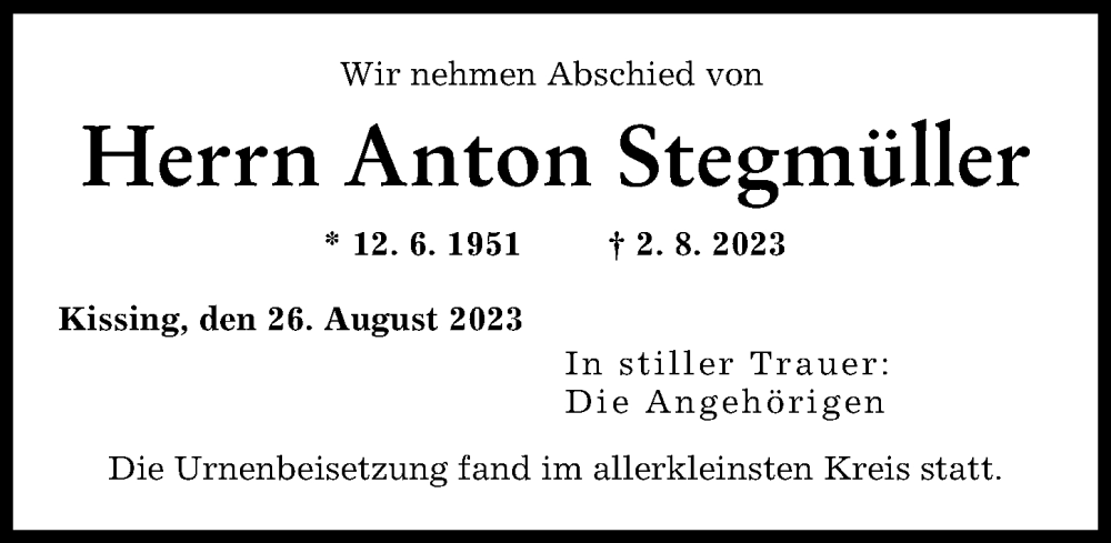 Traueranzeige von Anton Stegmüller von Augsburger Allgemeine