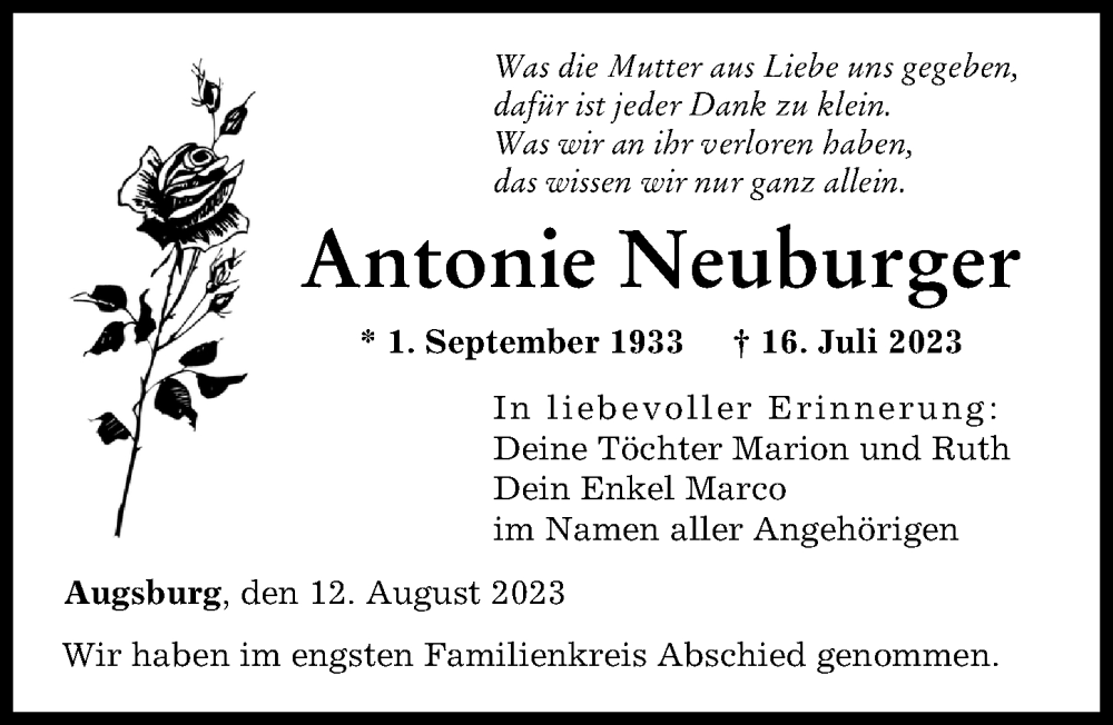 Traueranzeige von Antonie Neuburger von Augsburger Allgemeine