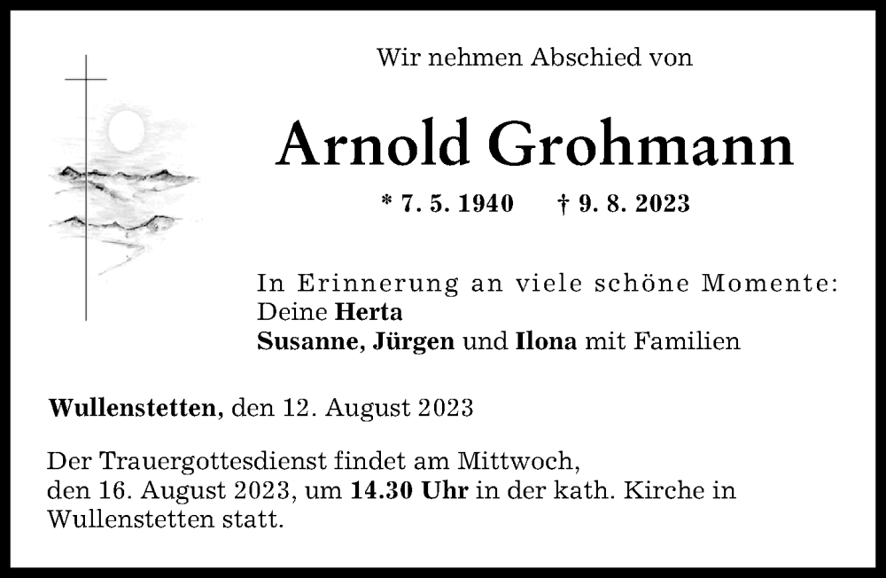 Traueranzeige von Arnold Grohmann von Augsburger Allgemeine, Neu-Ulmer Zeitung