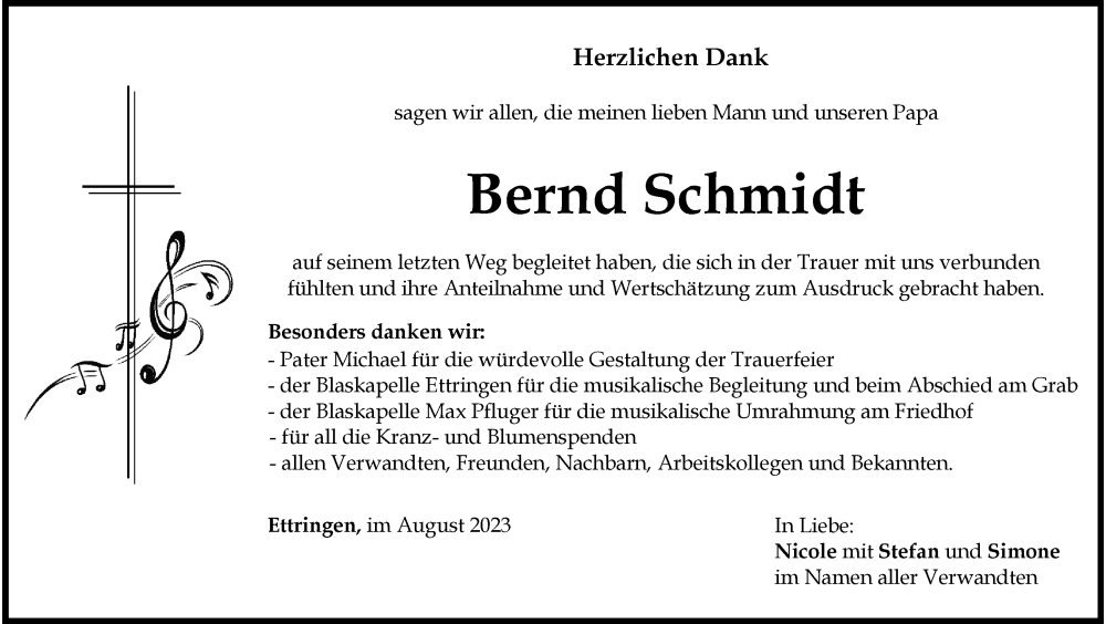 Traueranzeige von Bernd Schmidt von Mindelheimer Zeitung