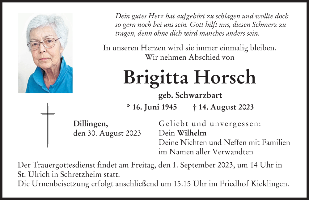 Traueranzeige von Brigitta Horsch von Wertinger Zeitung, Donau Zeitung