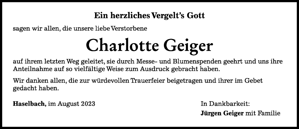 Traueranzeige von Charlotte Geiger von Mittelschwäbische Nachrichten, Mindelheimer Zeitung