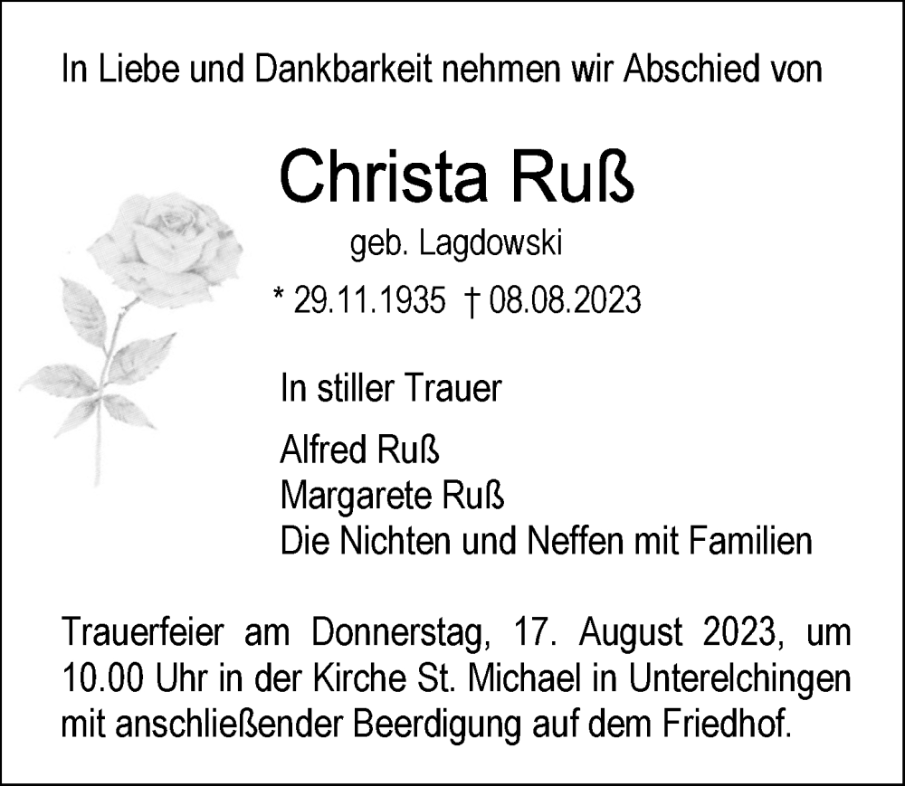 Traueranzeige von Christa Ruß von Augsburger Allgemeine, Neu-Ulmer Zeitung