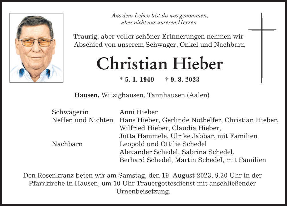 Traueranzeige von Christian Hieber von Mittelschwäbische Nachrichten, Günzburger Zeitung