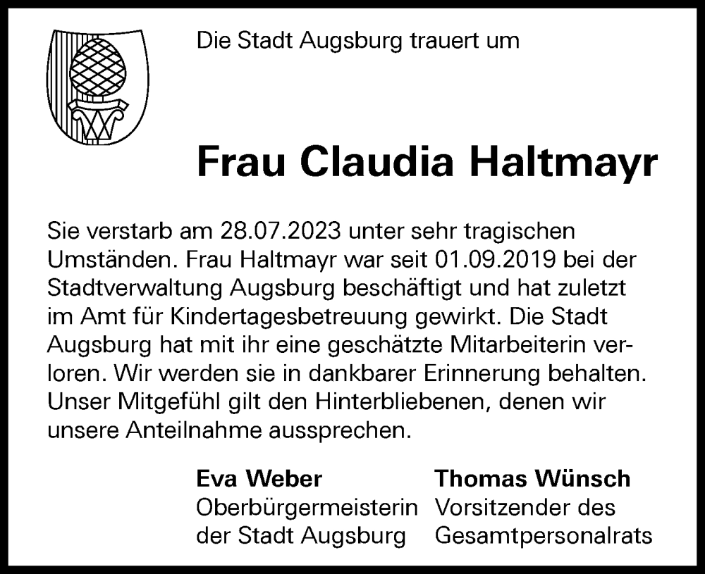  Traueranzeige für Claudia Haltmayr vom 19.08.2023 aus Augsburger Allgemeine