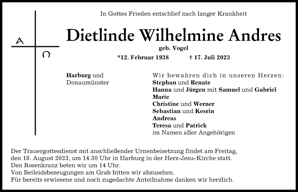 Traueranzeige von Dietlinde  Andres von Rieser Nachrichten, Donauwörther Zeitung