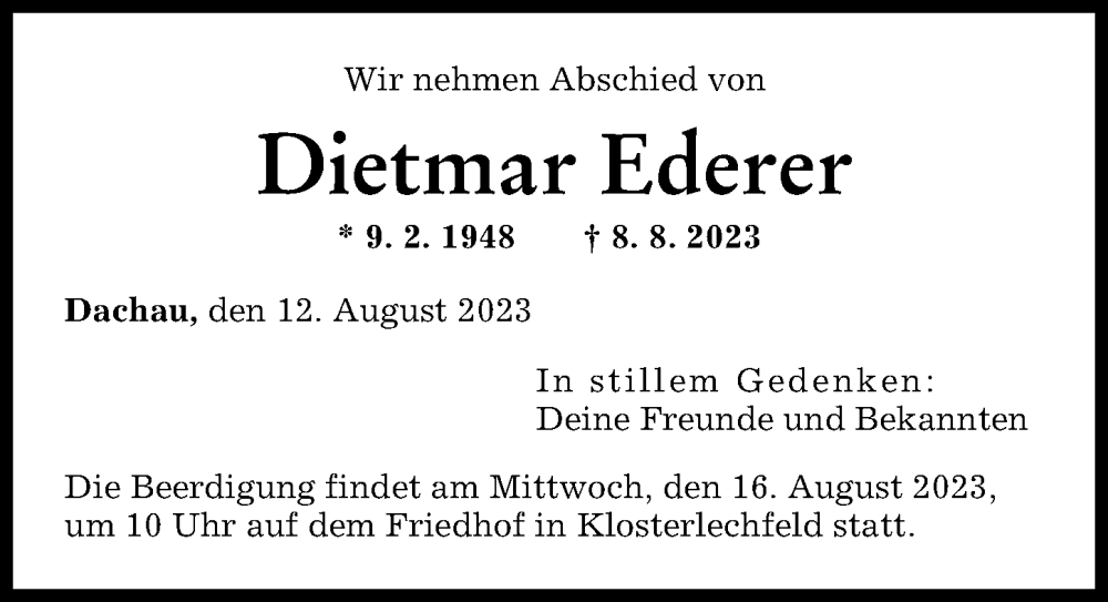 Traueranzeige von Dietmar Ederer von Schwabmünchner Allgemeine