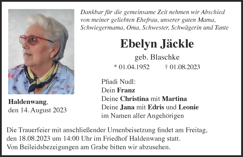 Traueranzeige von Ebelyn Jäckle von Günzburger Zeitung