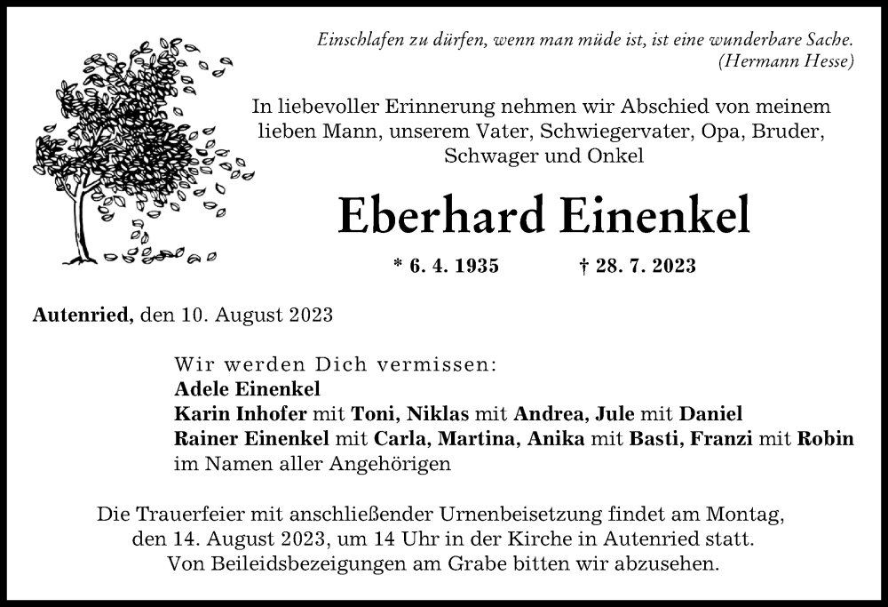 Traueranzeige von Eberhard Einenkel von Günzburger Zeitung