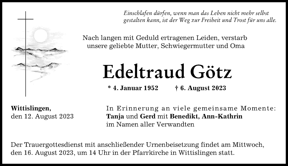 Traueranzeige von Edeltraud Götz von Donau Zeitung