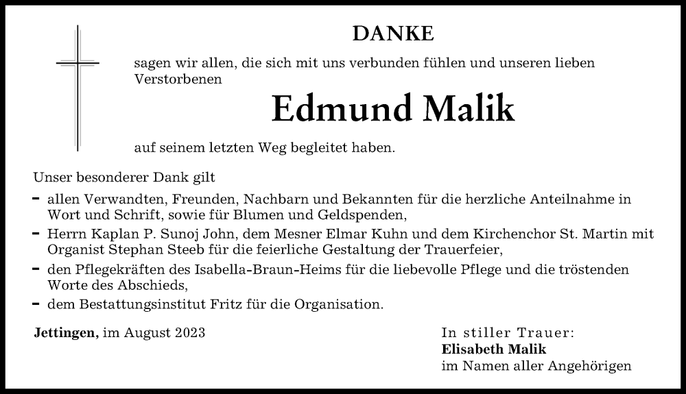 Traueranzeige von Edmund Malik von Günzburger Zeitung