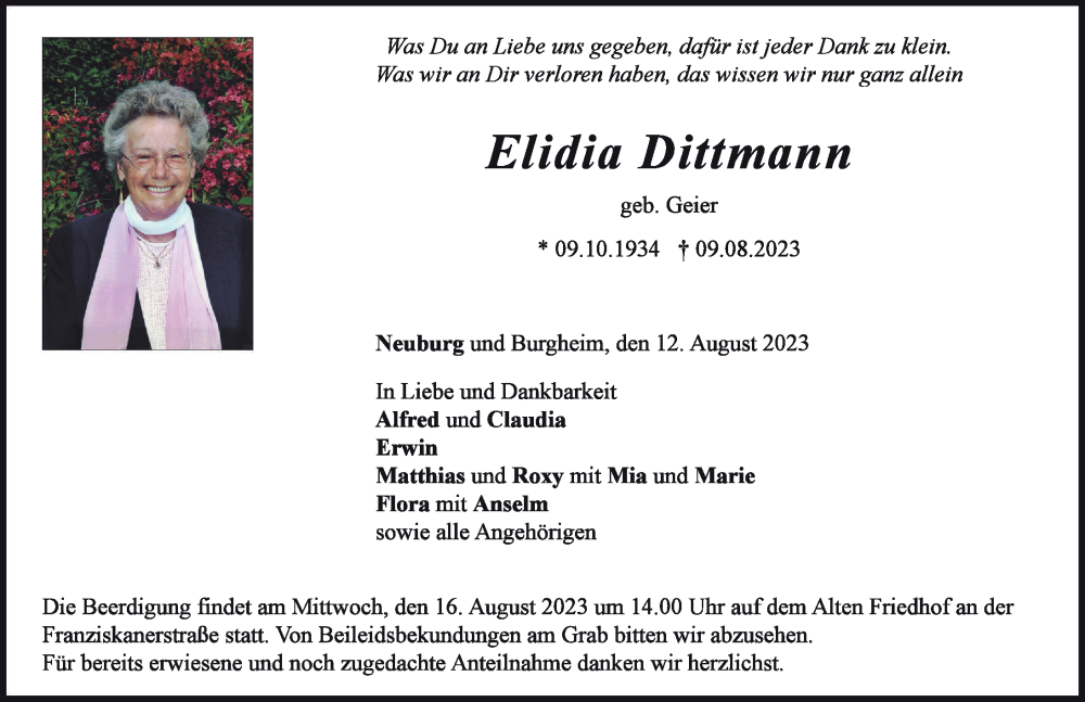 Traueranzeige von Elidia Dittmann von Neuburger Rundschau