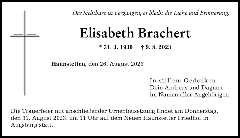 Traueranzeige von Elisabeth Brachen von Augsburger Allgemeine