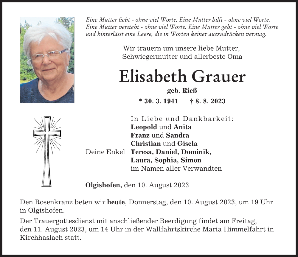 Traueranzeigen von Elisabeth Grauer | Augsburger Allgemeine Zeitung