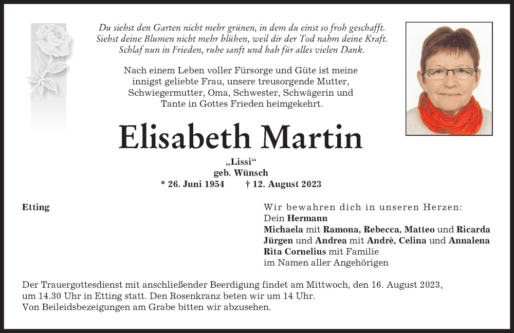 Traueranzeige von Elisabeth Martin von Neuburger Rundschau, Donauwörther Zeitung