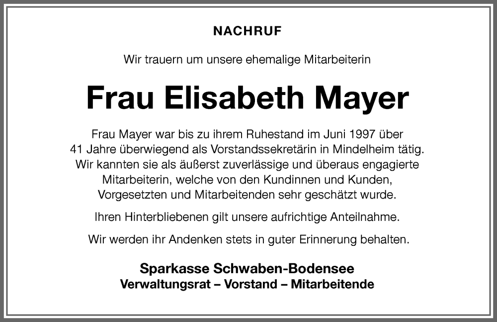 Traueranzeige von Elisabeth Mayer von Mindelheimer Zeitung