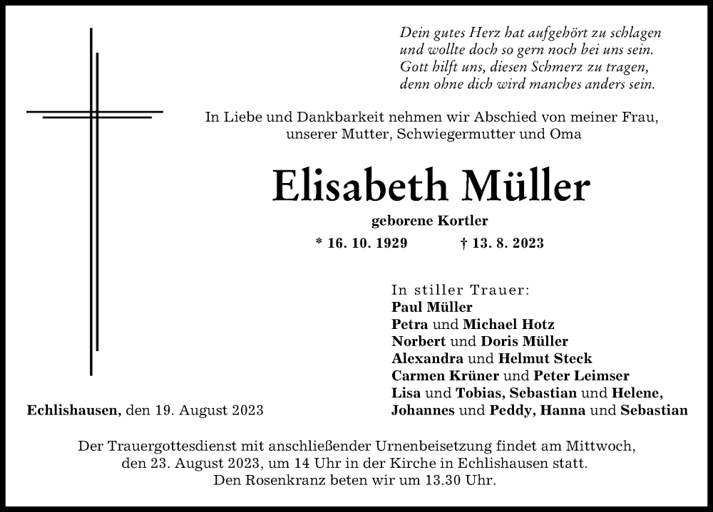 Traueranzeige von Elisabeth Müller von Günzburger Zeitung
