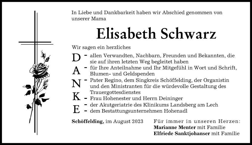 Traueranzeige von Elisabeth Schwarz von Landsberger Tagblatt