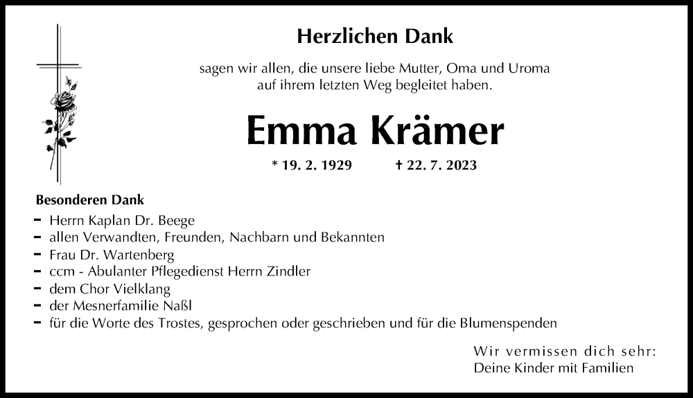 Traueranzeige von Emma Krämer von Friedberger Allgemeine