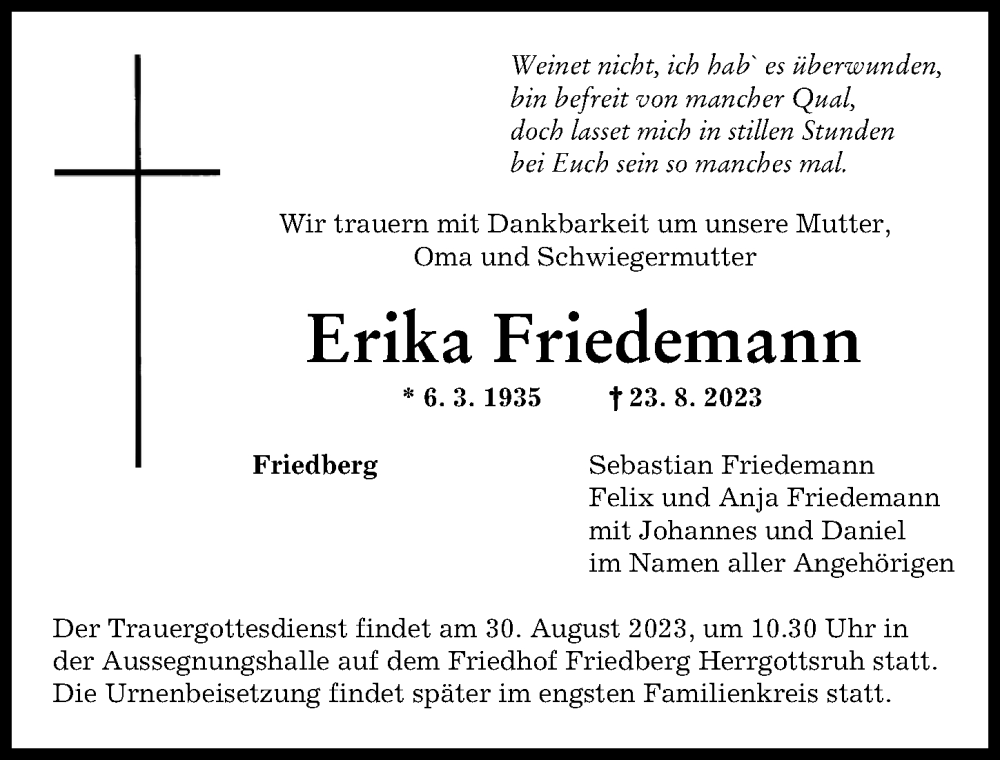  Traueranzeige für Erika Friedemann vom 26.08.2023 aus Friedberger Allgemeine, Augsburger Allgemeine