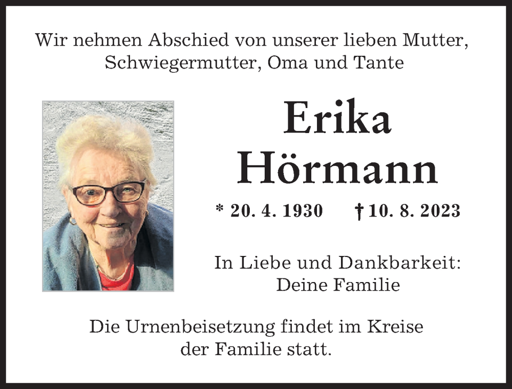 Traueranzeige von Erika Hörmann von Friedberger Allgemeine