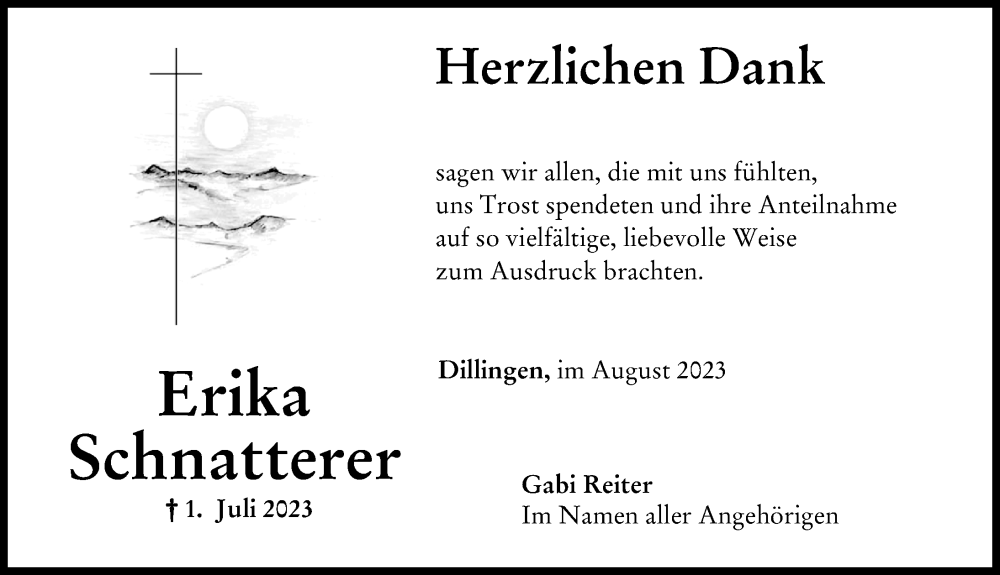 Traueranzeige von Erika Schnatterer von Donau Zeitung