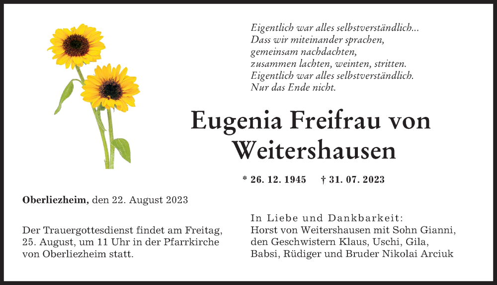 Traueranzeigen Von Eugenia Freifrau Von Weitershausen | Augsburger ...