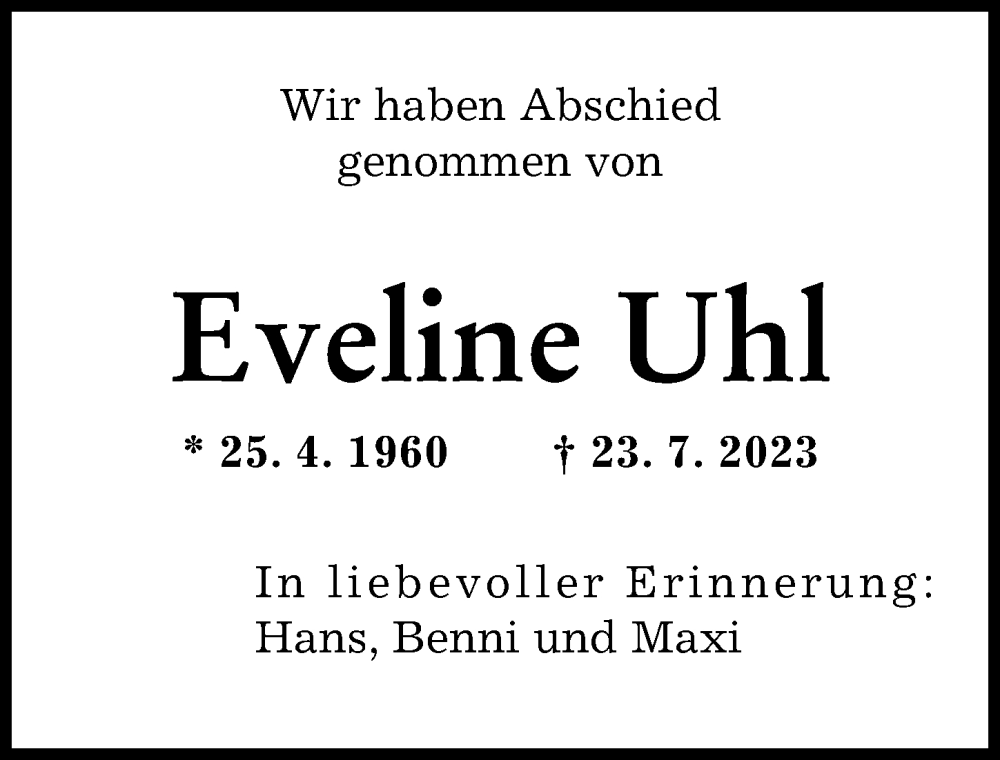 Traueranzeige von Eveline Uhl von Augsburger Allgemeine