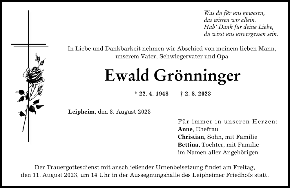 Traueranzeige von Ewald Grönninger von Günzburger Zeitung