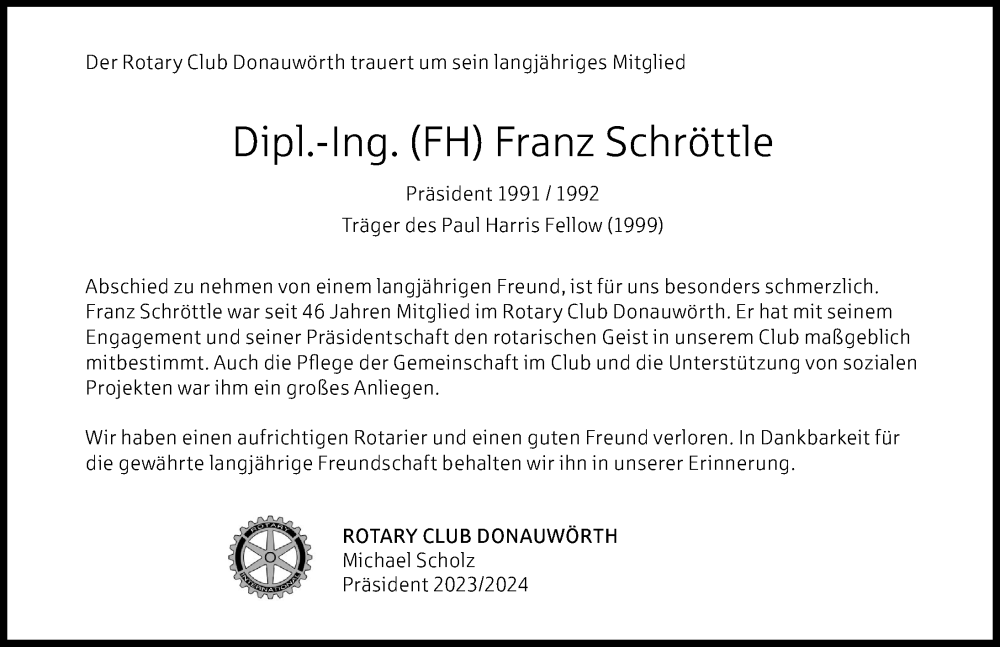 Traueranzeige von Franz Schröttle von Donauwörther Zeitung