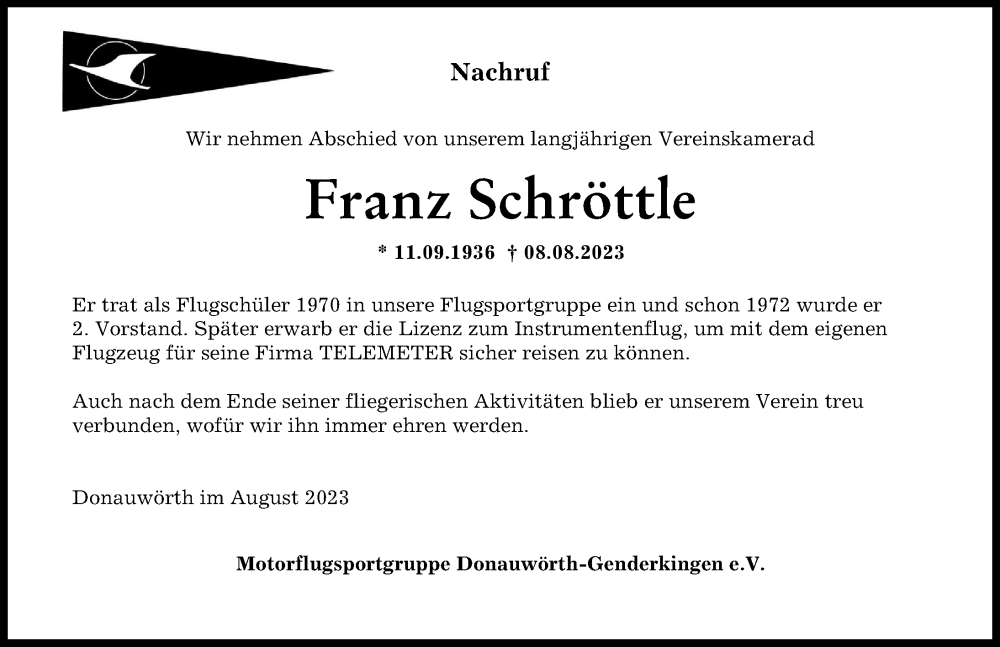  Traueranzeige für Franz Schröttle vom 12.08.2023 aus Donauwörther Zeitung